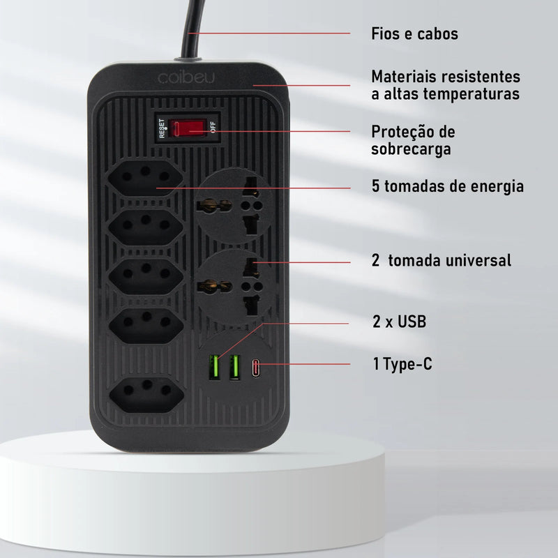 Soquete de extensão e filtro de linha elétrica USB