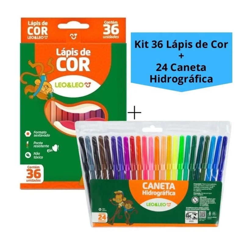 KIT Escolar 36 Lápis Coloridos e 24 Canetas Hidrocolor