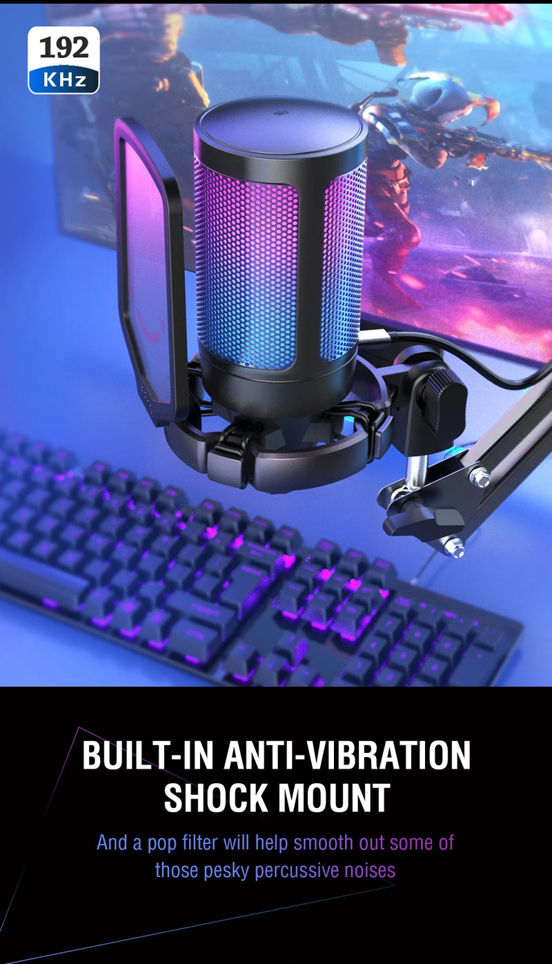 Microfone para jogos USB FIFINE, microfone condensador com RGB, para PC, PS4, PS5 e MAC, adequado para podcasters/jogadores/influenciadores/estúdio doméstico