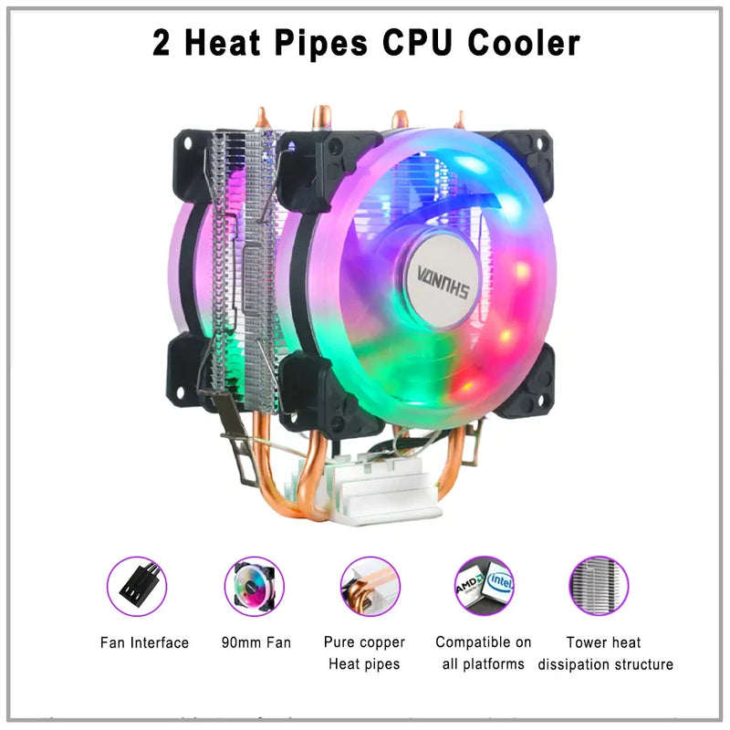 Cooler de processador X99 2011 V3 2 Heatpipes, radiador de CPU IWONGOU 3 pinos, ventilador RGB de 90 mm para PC Gamer para Intel 1366/1700/AMD/AM4