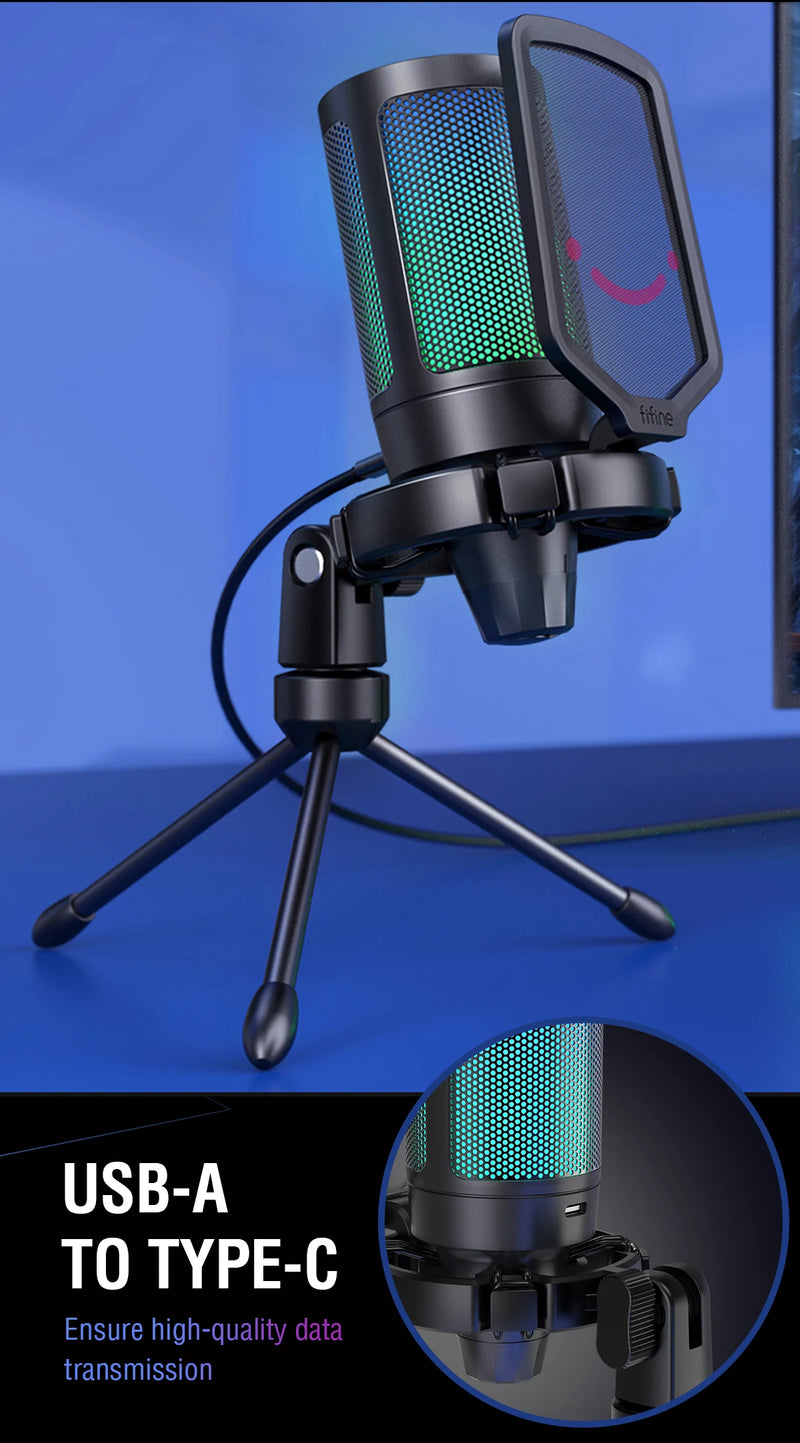 Microfone para jogos USB FIFINE, microfone condensador com RGB, para PC, PS4, PS5 e MAC, adequado para podcasters/jogadores/influenciadores/estúdio doméstico
