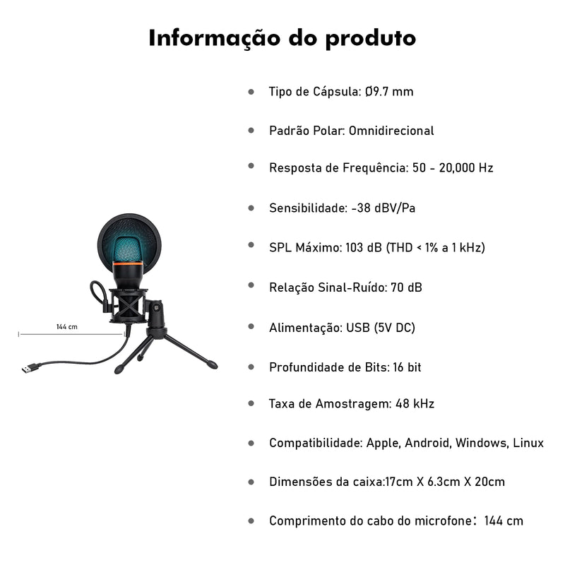 Microfone de mesa RGB com cancelamento de ruído ativo de 48 kHz, conexão USB plug & play e tripé ajustável para streamers/gamers, Coibeu