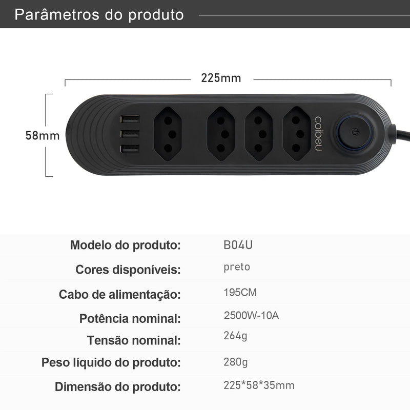 Filtro de Linha extensão com Tomada, universal, USB e Tipo C