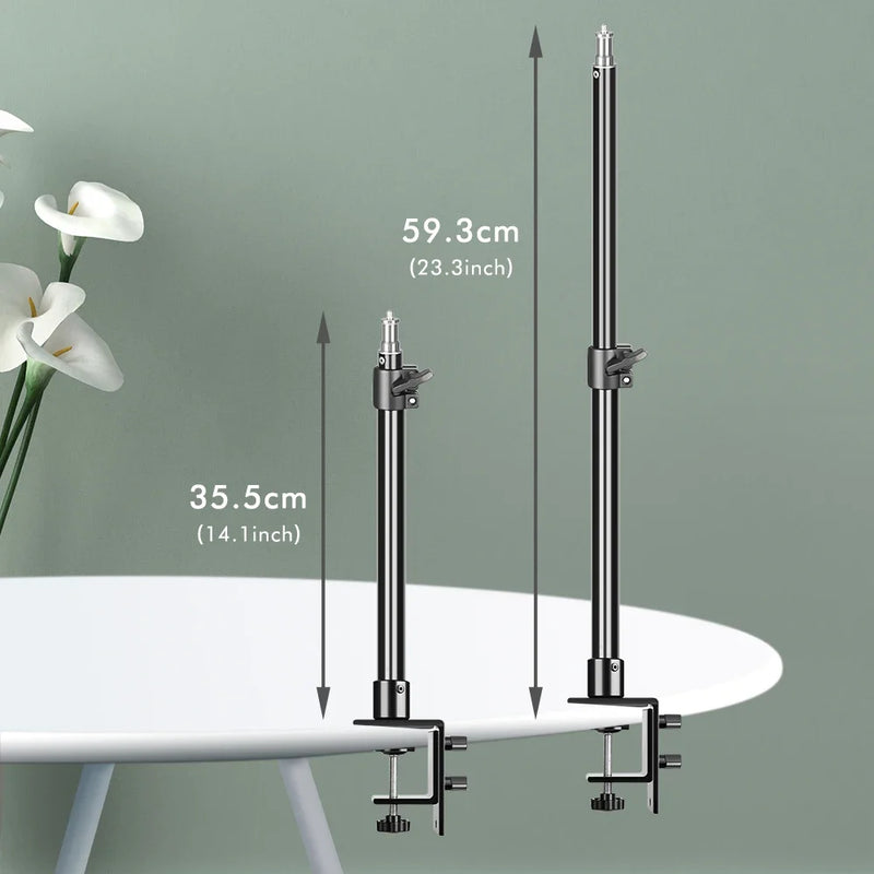 Tripé de mesa SH C-clamp Light com cabeça esférica de 1/4" e suporte de mesa ajustável para câmera e anel de luz