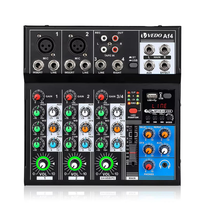 Mixer analógico VEDO AF4, placa de som digital mesclada, 4 canais, configurações de função personalizadas, console de mixagem analógico para transmissão ao vivo