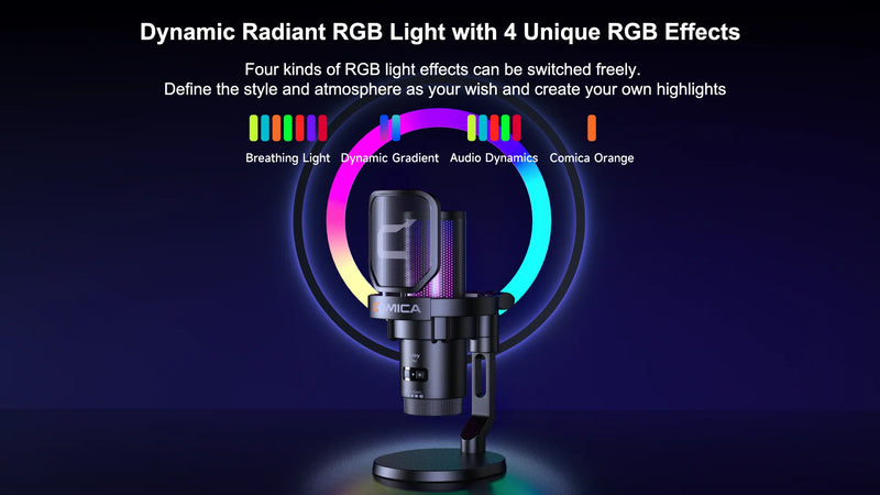 Microfone para jogos USB com fio Comica Uni D Uni A para PC, laptop, telefone, microfone condensador com cancelamento de ruído e iluminação RGB