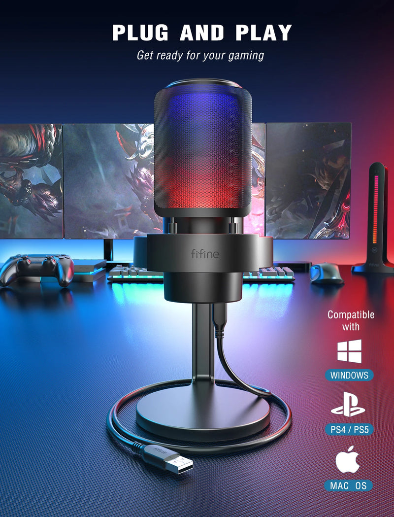 Microfone USB FIFINE para gravação e streaming em PC/Mac com filtro pop, silenciador rápido e conector de microfone de 3,5 mm, microfone com 3 modos RGB - A8