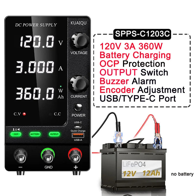 Fonte de alimentação KUAIQU DC 30V 10A, fonte de alimentação de bancada DC regulada por comutação ajustável, 12V 24V 48V 60V 120V, carregamento inteligente