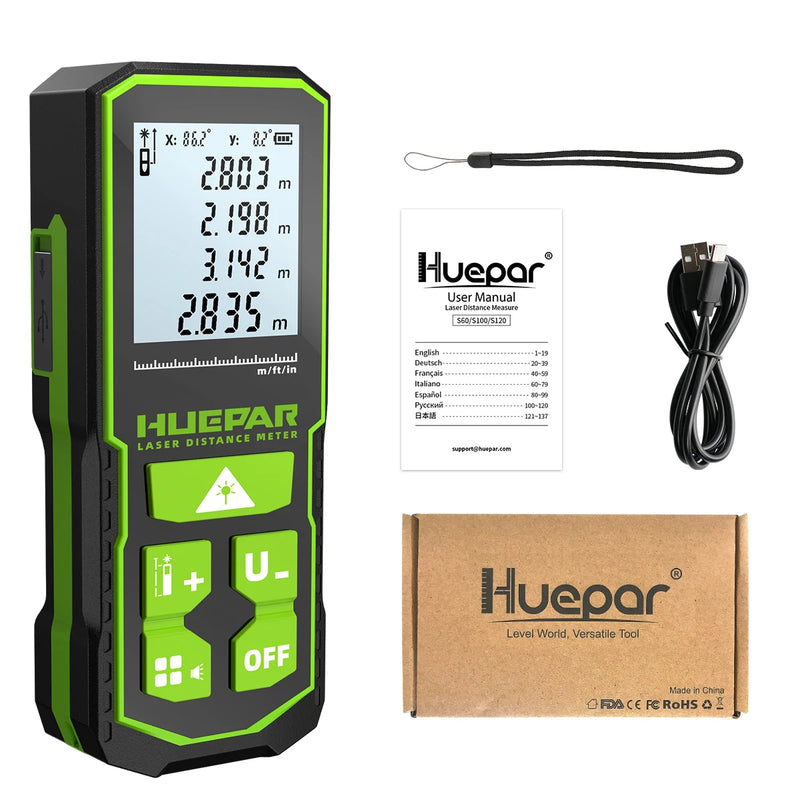 Medidor de distância a laser verde digital Huepar 60 m 100 m 120 m fita métrica a laser telêmetro com sensor de ângulo LCD ferramentas de medição