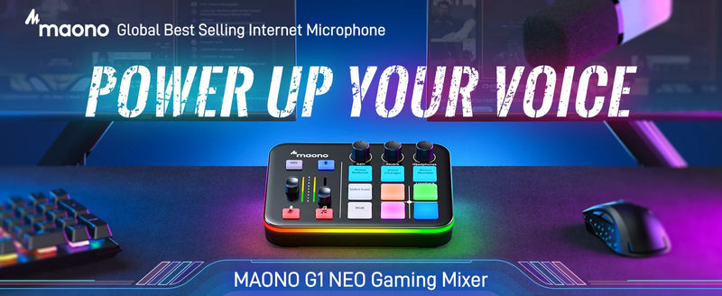 Interface de áudio para jogos MAONO G1 NEO, efeitos sonoros personalizados, mixer de áudio, streaming com microfone XLR para voz de jogos