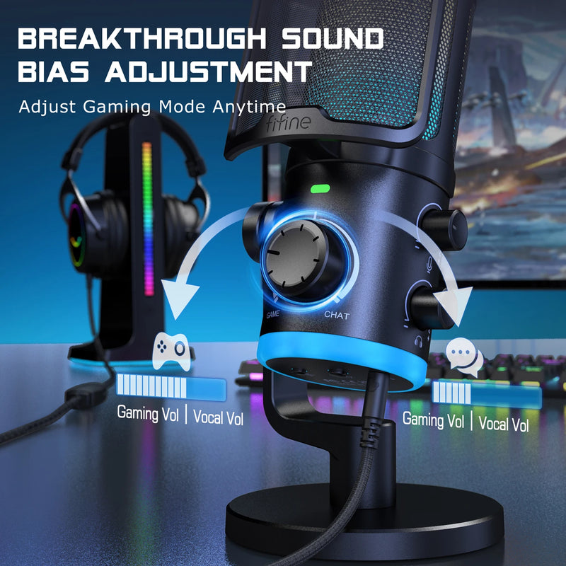 Microfone para jogos USB FIFINE com botão de cancelamento de ruído/RGB/ganho e equilíbrio, microfone condensador para streaming de podcast - Ampligame AM6
