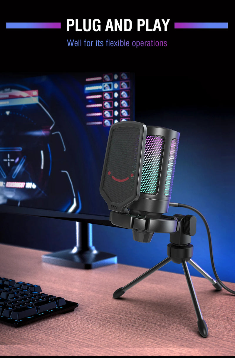 Microfone para jogos USB FIFINE, microfone condensador com RGB, para PC, PS4, PS5 e MAC, adequado para podcasters/jogadores/influenciadores/estúdio doméstico