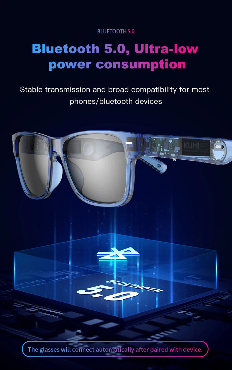 Óculos de Sol Inteligentes KUMI Meta V1, Polarizado com Bluetooth, à Prova D'água IPX4, Fones de Ouvido Abertos, Assistente de Voz com IA