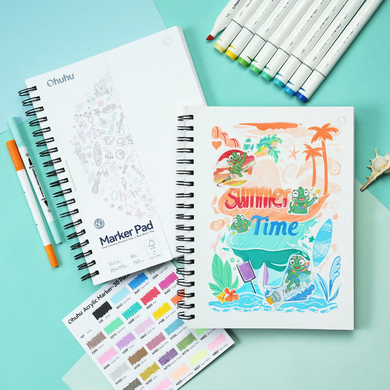 Blocos de marcadores de dupla face Ohuhu, caderno de esboços artísticos à prova de sangramento, espiral, caderno de esboços para marcadores de álcool, caderno de desenho escolar