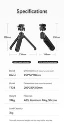 Tripé Ulanzi VlogPod TT38 com placa de liberação rápida, alça para câmera DSLR, tripé de mesa para transmissão ao vivo após selfie e vlog