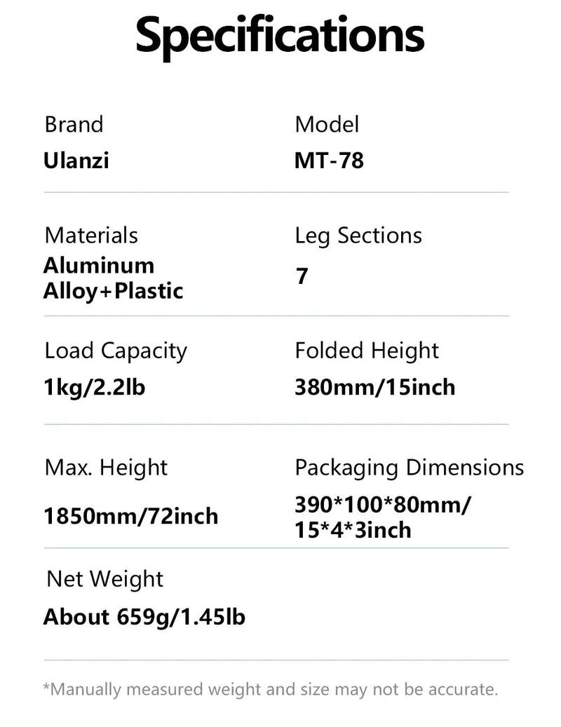 Tripé de liberação rápida Ulanzi MT-78 para câmera, smartphone, luz de preenchimento, tripé de 1,85 m para selfies com controle remoto