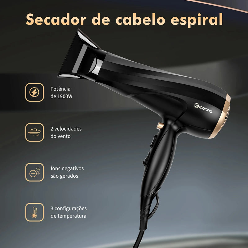 Secador de cabelo elétrico V-127V ou 220V 1900W Preto/Dourado