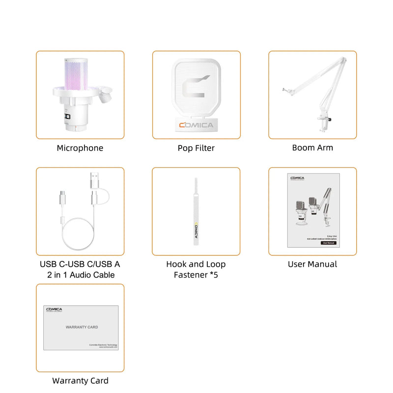 Microfone para jogos USB Comica Uni Pro com botão de cancelamento de ruído/RGB/balanço de ganho e microfone condensador para streaming de podcast