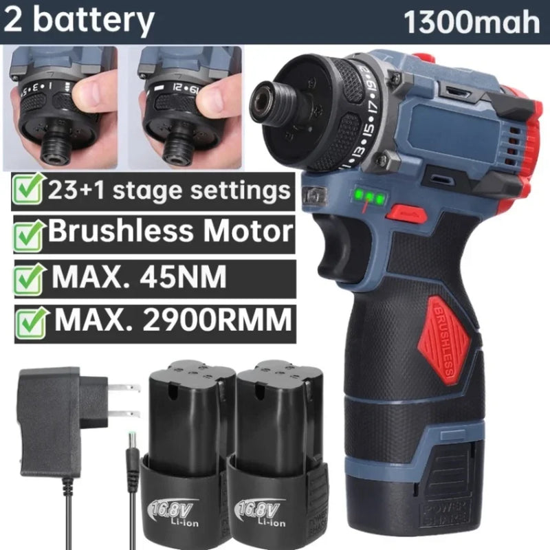 Furadeira e parafusadeira elétrica sem fio 2 em 1 16,8 V/21 V sem escova, chave de fenda elétrica, chave de fenda com 21 modos de rotação, furadeiras e parafusadeiras