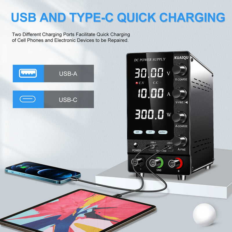 Fonte de alimentação KUAIQU DC 30V 10A, fonte de alimentação de bancada DC regulada por comutação ajustável, 12V 24V 48V 60V 120V, carregamento inteligente