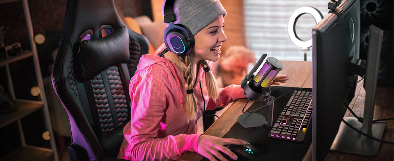 Microfone USB FIFINE para gravação e streaming em PC/Mac com filtro pop, silenciador rápido e conector de microfone de 3,5 mm, microfone com 3 modos RGB - A8