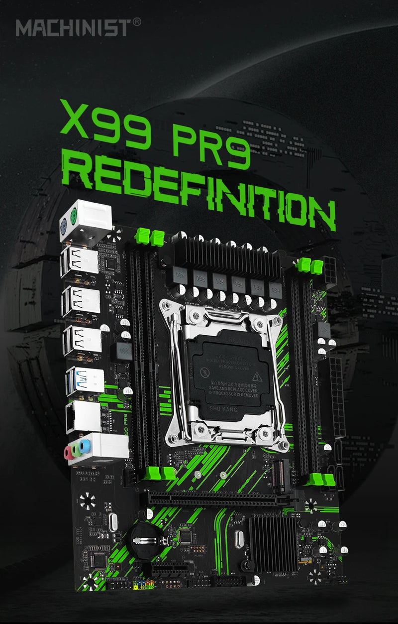 A placa-mãe MACHINIST X99 PR9 suporta processadores Xeon E5 V3/V4 LGA 2011-3, memória RAM DDR4 de quatro canais e slot M.2 PCI-E SATA.