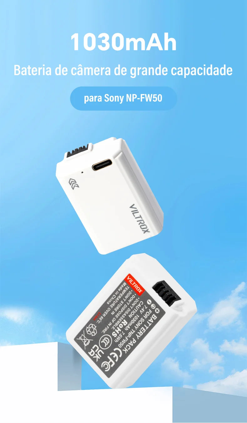 Bateria para câmera Viltrox FZ100 FW50 USB-C com carregamento rápido e recarregável para câmera Sony A6700 FX3 ZV-E1 ZV-E10 A7M4 A9 A1