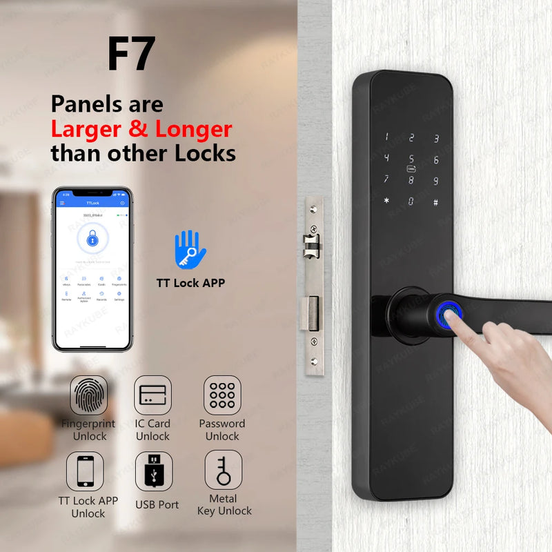 Fechadura elétrica de porta com impressão digital Bluetooth RAYKUBE F7 TT, versão com voz em português/inglês e alça maior