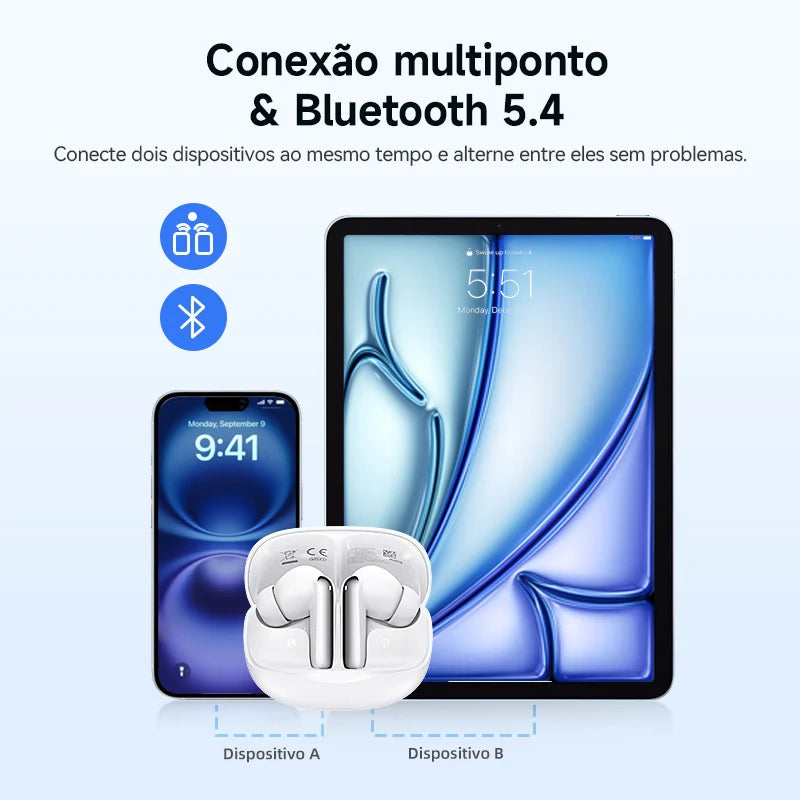 Fones de ouvido sem fio QCY Melobuds N50 ANC Bluetooth 5.4 com cancelamento de ruído ativo, 6 microfones, conexão multiponto para chamadas nítidas