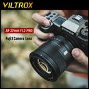Lente VILTROX 27mm 75mm F1.2 para Fuji X, equivalente à lente Sony E 27mm 1.2, com foco automático e grande abertura, ideal para retratos em câmeras APS-C da Fujifilm.