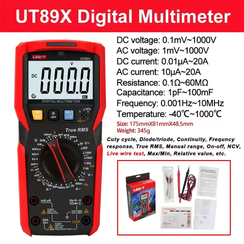 UNI-T UT89XD UT89X Multímetro Digital Profissional True RMS 20A Corrente AC DC Voltímetro Capacitância Resistência Testador Automático