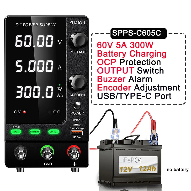 Fonte de alimentação KUAIQU DC 30V 10A, fonte de alimentação de bancada DC regulada por comutação ajustável, 12V 24V 48V 60V 120V, carregamento inteligente
