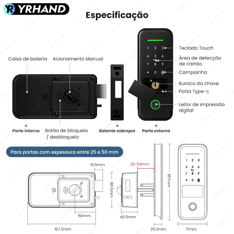 Fechadura eletrônica inteligente à prova d'água com impressão digital e Wi-Fi para porta, fechadura digital do Brasil, fechadura inteligente de aro para casa Tuya