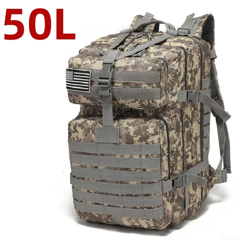 Mochila esportiva tática impermeável de nylon resistente de 25L/50L para trilhas, pesca, caça, acampamento e caminhadas