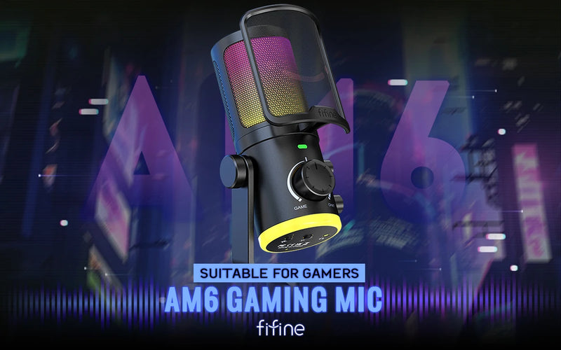 Microfone para jogos USB FIFINE com botão de cancelamento de ruído/RGB/ganho e equilíbrio, microfone condensador para streaming de podcast - Ampligame AM6