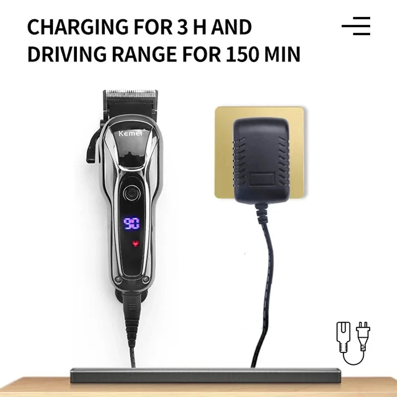 Maquina de Cortar Cabelo Elétrico Profissional Kemei KM-1990 com Display LED