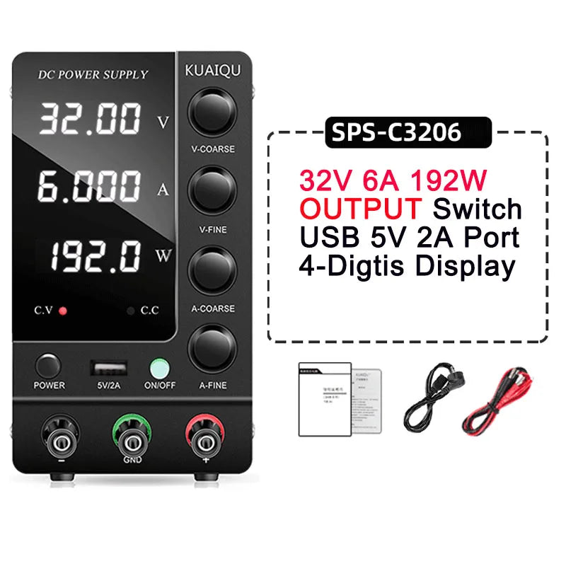 Fonte de alimentação KUAIQU DC 30V 10A, fonte de alimentação de bancada DC regulada por comutação ajustável, 12V 24V 48V 60V 120V, carregamento inteligente