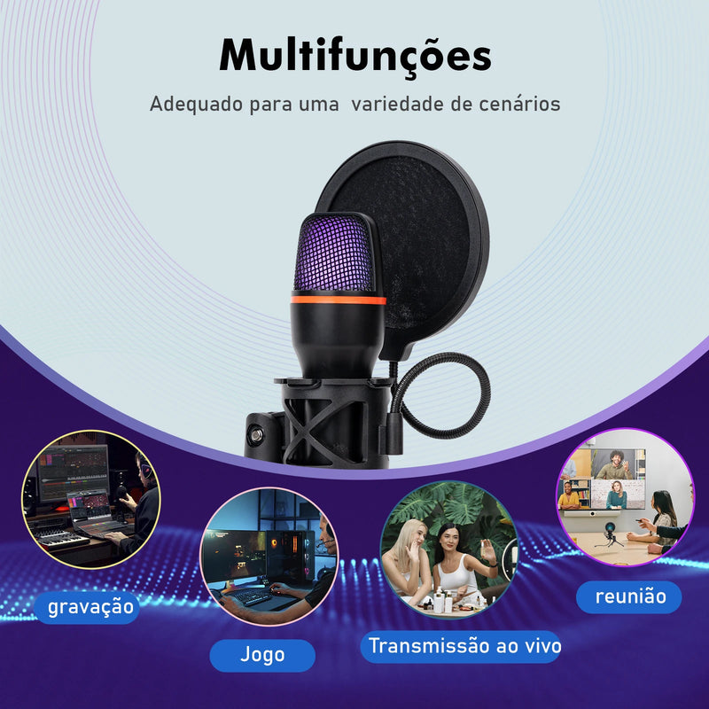 Microfone de mesa RGB com cancelamento de ruído ativo de 48 kHz, conexão USB plug & play e tripé ajustável para streamers/gamers, Coibeu