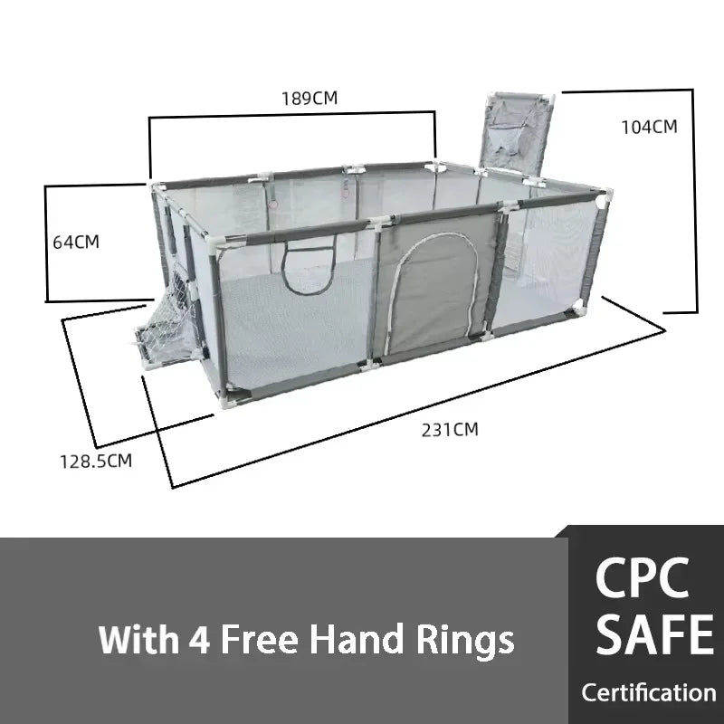 Cercado infantil IMBABY para uso interno, com barreira de segurança, piscina seca e área de recreação para crianças.