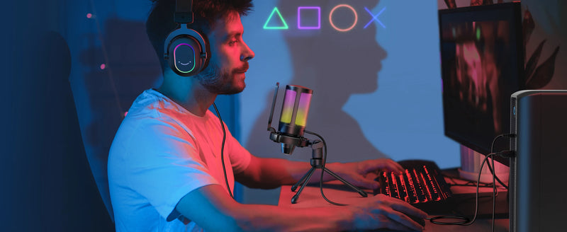 Microfone USB FIFINE Ampligame para streaming de jogos com filtro pop, montagem antichoque e controle de ganho, multicompatível, para PC/PS4/5 - A6V
