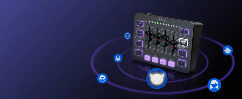 Mixer para jogos USB FIFINE com interface de microfone XLR, alimentação fantasma de 48 V, RGB, placa de som para podcast e streaming AmpliGame SC3
