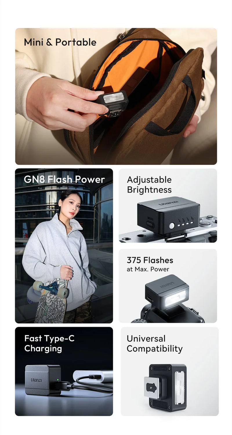 Ulanzi SL01 SL02 Mini Câmera Flash Light SpeedLite GN8 6500K para Canon Sony Nikon Fuji Câmera DSLR Vlog Live Fotografia ao ar livre