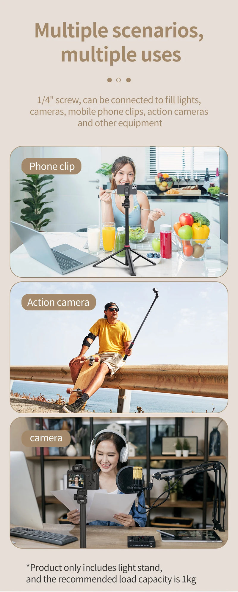Tripé extensível Ulanzi MT-79 com parafuso de 1/4'' para câmera DSLR, luz de preenchimento para smartphone, microfone, tripé