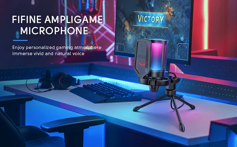 Microfone USB FIFINE Ampligame para streaming de jogos com filtro pop, montagem antichoque e controle de ganho, multicompatível, para PC/PS4/5 - A6V