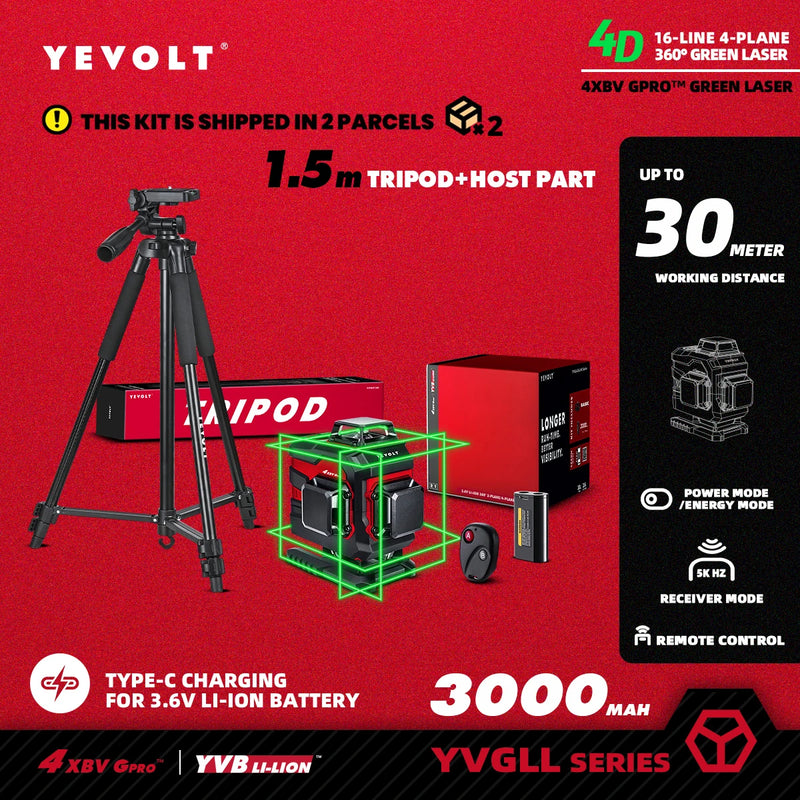 Nível a laser YEVOLT Green Beam, 4 planos, 16 linhas, autonivelante, 360 graus, 3D, que se ajusta ao solo, ferramentas de medição de ladrilhos horizontais e verticais