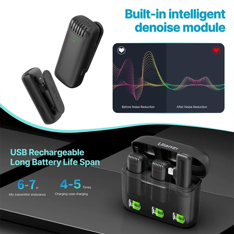 Microfone de lapela sem fio Ulanzi J12, conjunto de microfone de lapela para gravação de vídeo curto, mini microfone para iPhone 16, 15, 14, Android, transmissão ao vivo