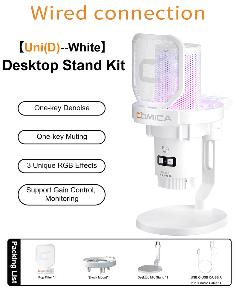 Microfone para jogos USB com fio Comica Uni D Uni A para PC, laptop, telefone, microfone condensador com cancelamento de ruído e iluminação RGB