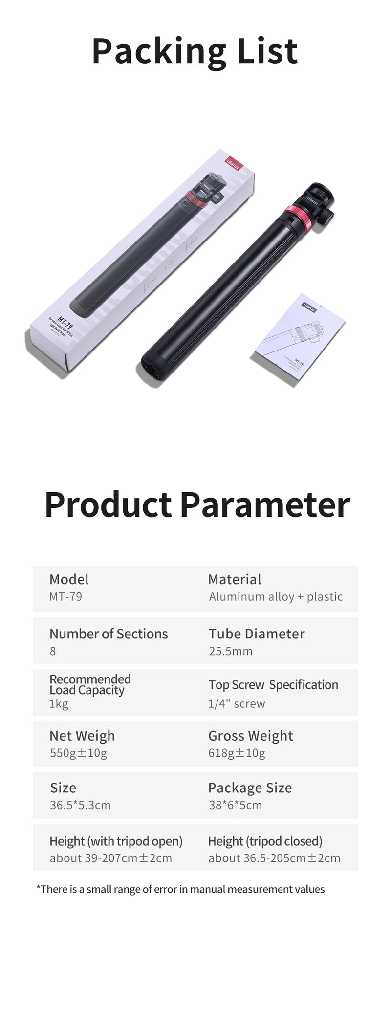 Tripé extensível Ulanzi MT-79 com parafuso de 1/4'' para câmera DSLR, luz de preenchimento para smartphone, microfone, tripé
