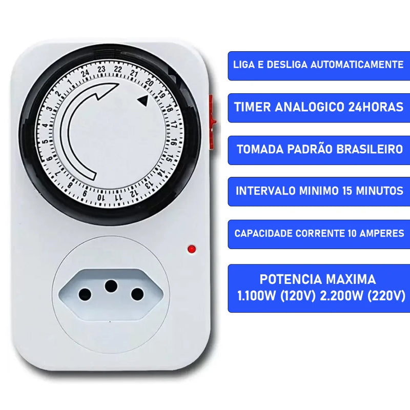 Adaptador Benjamin Inteligente com 1 Tomada e 1 Temporizador Analógico Liga e Desliga Energia 110v / 220v - Timer Manual