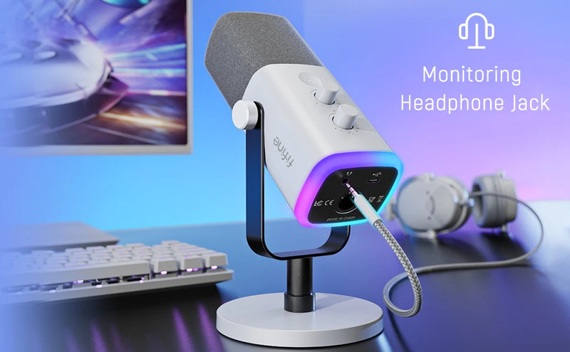 Microfone dinâmico FIFINE XLR/USB com entrada para fone de ouvido/RGB/mudo, microfone para gravação e streaming de jogos PS4/PS5 Ampligame AM8W